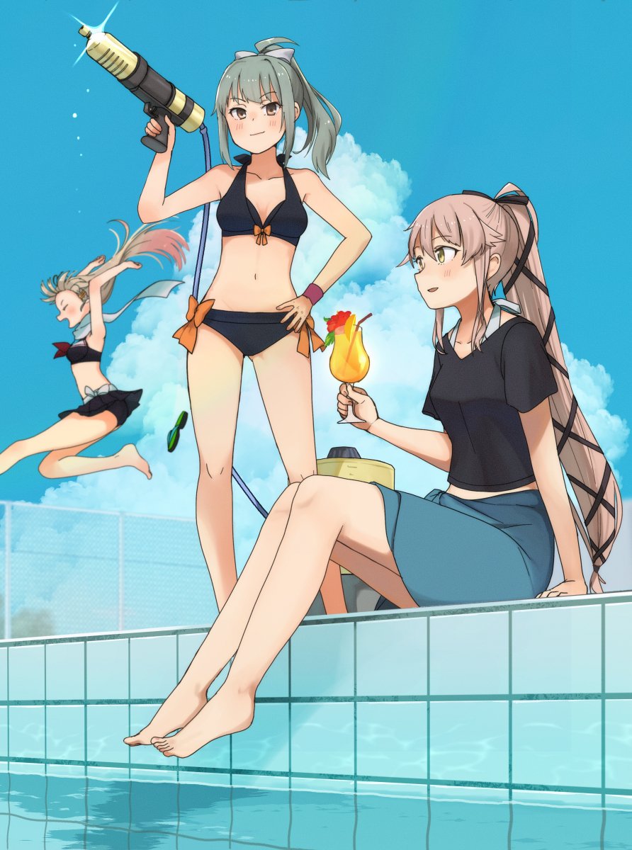 3girls annin_musou arm_support bangs bikini black_bikini black_ribbon black_shirt blonde_hair blue_sky breasts brown_eyes closed_eyes clouds cocktail cocktail_glass collarbone cup day drinking_glass eyebrows_visible_through_hair green_hair hair_ribbon hand_on_hip high_ponytail highres holding holding_cup kantai_collection long_hair multiple_girls navel official_alternate_costume open_mouth pink_hair ponytail pool poolside ribbon shirt short_sleeves sitting sky small_breasts smile swimsuit very_long_hair water water_gun yura_(kancolle) yuubari_(kancolle) yuudachi_(kancolle)