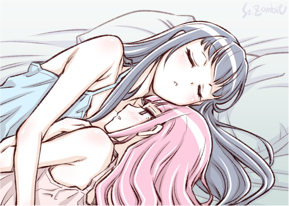 2girls artist_name blue_hair blush closed_eyes cuddling long_hair lying magia_record:_mahou_shoujo_madoka_magica_gaiden mahou_shoujo_madoka_magica multiple_girls nanami_yachiyo on_bed pink_eyes pink_hair sleeping studiozombie tamaki_iroha yuri