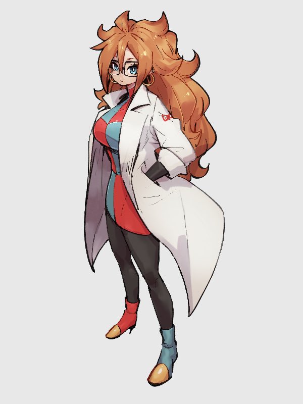 android_21 blue_eyes breasts checkered checkered_dress dragon_ball dragon_ball_fighterz dress earrings full_body glasses grey_background hair_between_eyes hand_in_pocket hoop_earrings jewelry kemachiku labcoat long_sleeves looking_at_viewer medium_breasts red_ribbon_army simple_background standing uneven_footwear