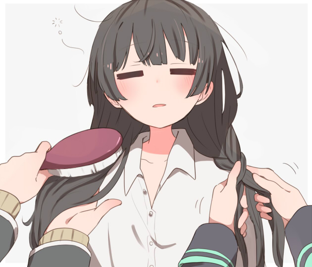 3girls bangs black_hair braiding_hair brushing_another's_hair closed_eyes collarbone collared_shirt commentary_request grey_background hair_brush hair_brushing hairdressing higuchi_kaede jk_gumi_(nijisanji) long_hair long_sleeves multiple_girls nijisanji open_collar parted_lips shirt shizuka_rin simple_background solo_focus sou_(tuhut) tsukino_mito upper_body white_shirt