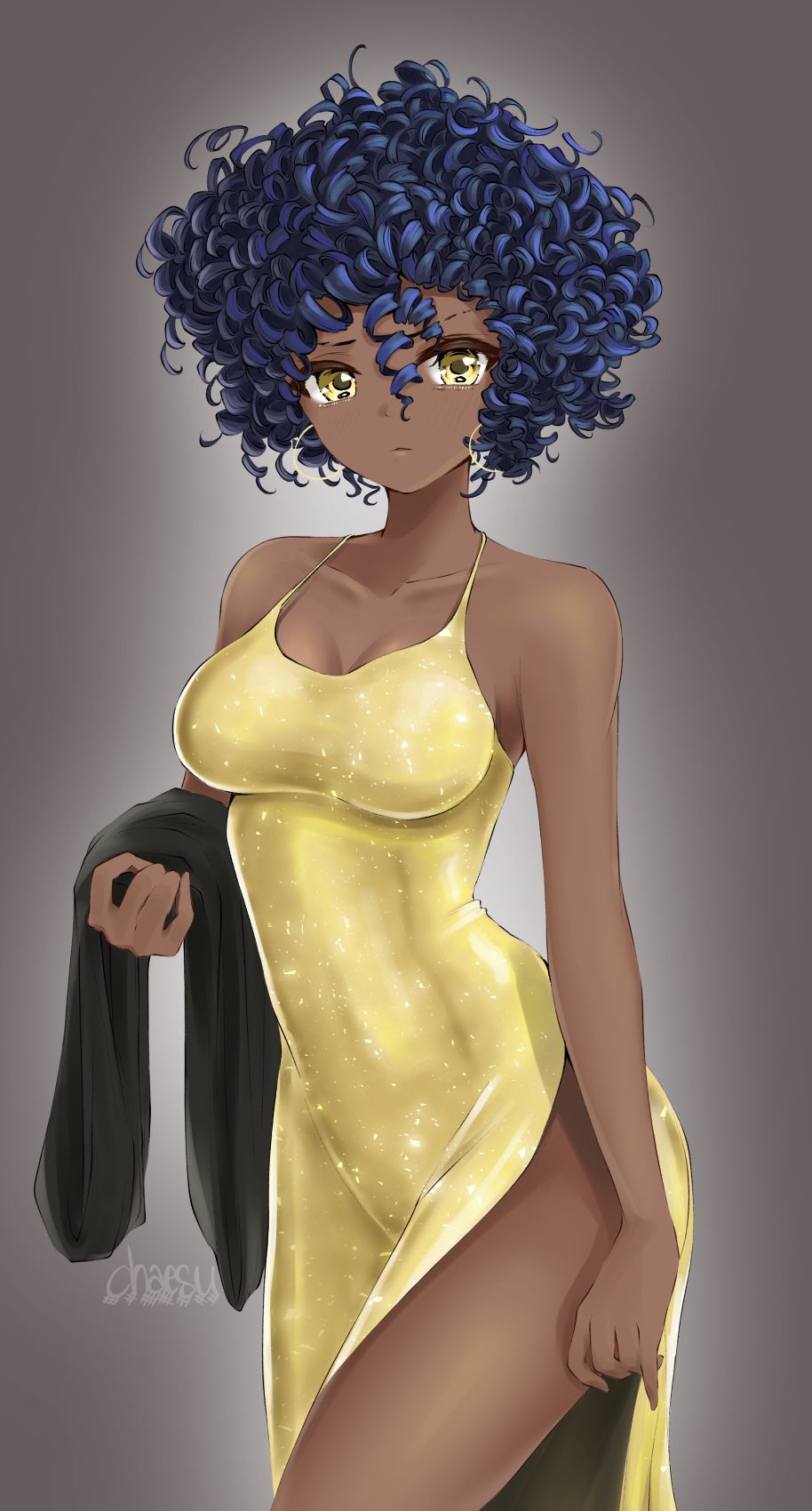 1girl afro bare_shoulders black_hair blue_hair breasts chaesu covered_navel dark-skinned_female dark_skin dress grey_background highres medium_breasts nara_(chaesu) original side_slit signature solo yellow_dress yellow_eyes