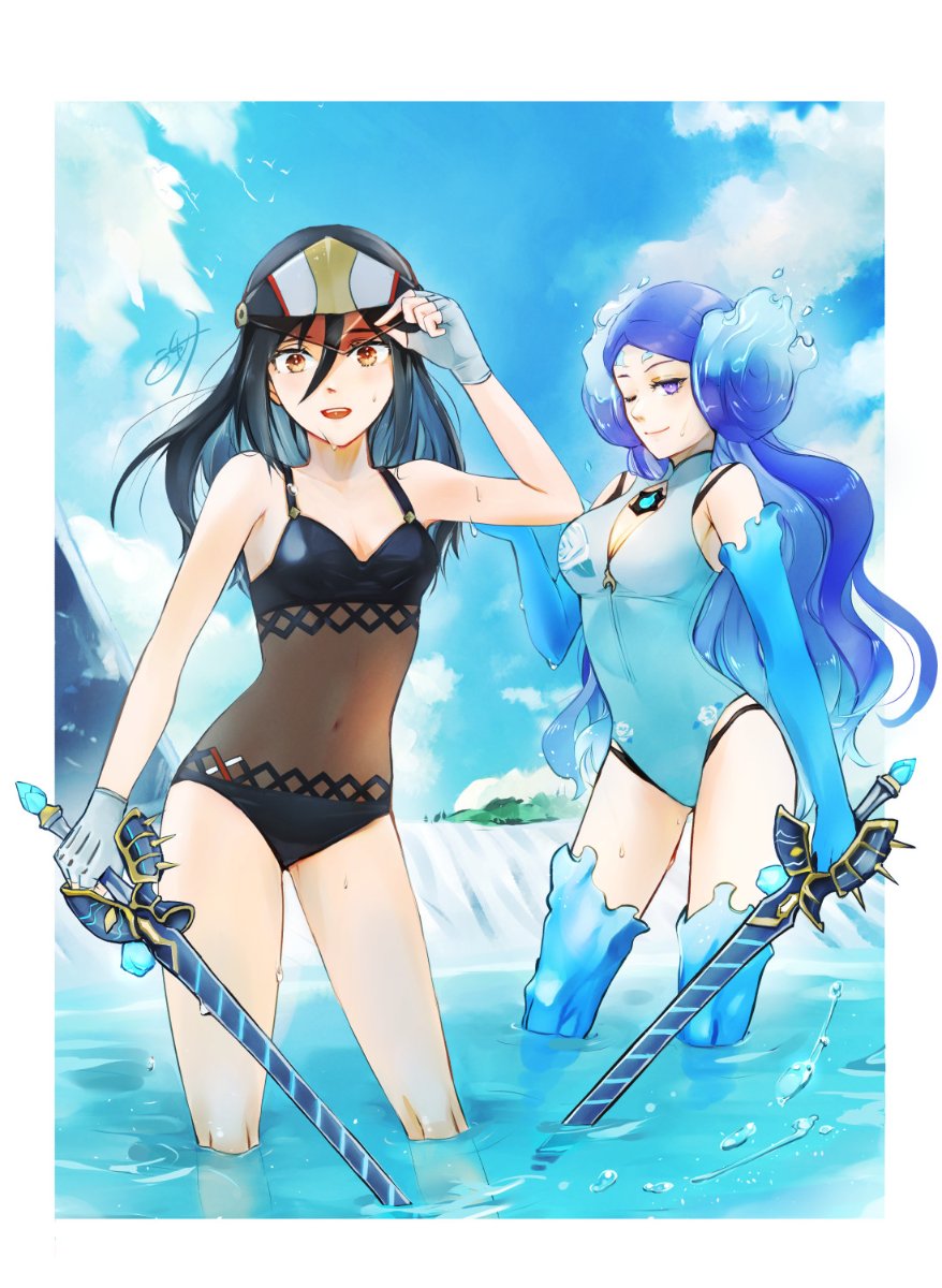 2girls bangs bare_shoulders black_hair black_swimsuit blush breasts brighid_(water_lily)_(xenoblade) brighid_(xenoblade) brown_eyes collarbone curvy fiery_hair fingerless_gloves gloves hair_between_eyes hat highres large_breasts long_hair looking_at_viewer military morag_ladair_(obligatory_leave)_(xenoblade) morag_ladair_(xenoblade) multiple_girls navel one-piece_swimsuit purple_hair short_hair simple_background small_breasts smile swimsuit uyumizyunco very_long_hair violet_eyes weapon whip_sword white_gloves xenoblade_chronicles_(series) xenoblade_chronicles_2