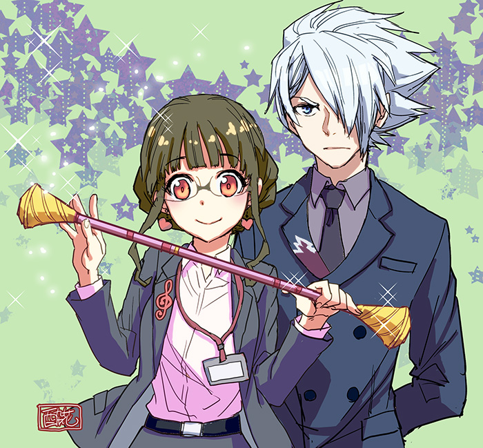 1boy 1girl anosillus_ii anti_(ssss.gridman) arms_behind_back bangs belt black_neckwear blue_eyes braid earrings glasses gridman_universe hair_over_one_eye heart heart_earrings id_card jacket jewelry lanyard long_sleeves looking_at_viewer necktie red_eyes short_hair silver_hair smile ssss.dynazenon standing suika_(suika-dokei) treble_clef wand