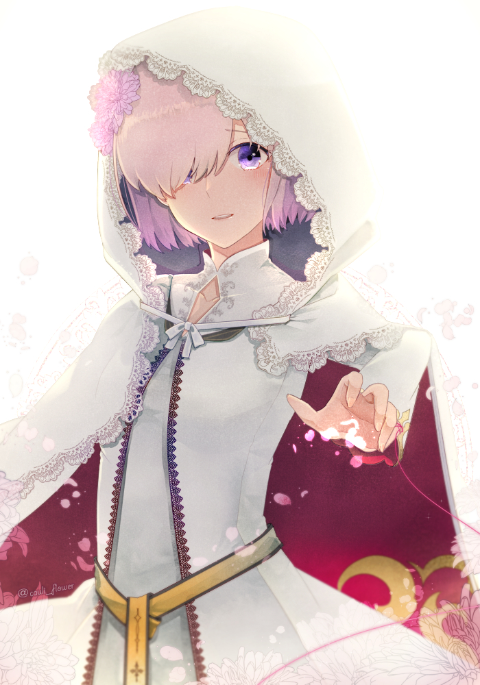 1girl alternate_costume blush cauli_flower cauli_flower_(springfairy) cloak commentary_request dress eyebrows_visible_through_hair fate/grand_order fate_(series) fingernails flower hair_flower hair_ornament hair_over_one_eye hood hood_up hooded_cloak lips long_sleeves looking_at_viewer mash_kyrielight official_alternate_costume parted_lips pink_flower pink_hair sad short_hair simple_background solo twitter_username violet_eyes white_background white_cloak white_dress