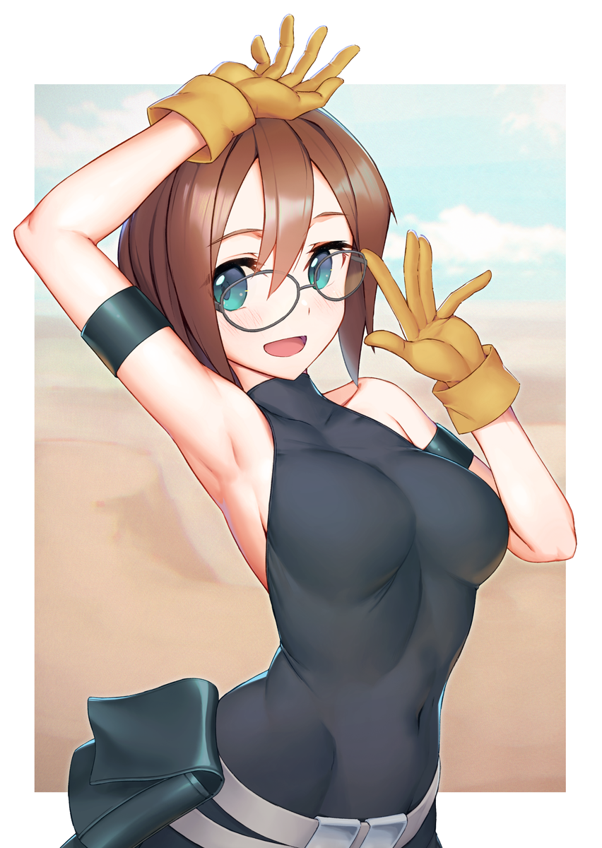 1girl :d arched_back arm_strap arm_up armpits bangs bare_shoulders belt belt_pouch black-framed_eyewear blue_sky bodysuit breasts brown_hair clouds commentary_request covered_collarbone covered_navel gloves green_eyes grey_belt hair_between_eyes hand_up highres impossible_clothes kinon_bachika looking_at_viewer medium_breasts open_mouth outstretched_hand pouch rotix round_eyewear sand shiny shiny_hair short_hair skin_tight sky sleeveless smile solo tengen_toppa_gurren_lagann yellow_gloves