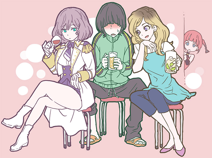 1boy 3girls alcohol asukagawa_chise black_hair black_pants blonde_hair blue_dress blue_eyes boots brown_hair crossed_legs cup dress drink drinking_glass epaulettes gloves gradient_hair gridman_universe high_heels jacket jealous leaning_on_person long_hair long_sleeves mujina multicolored_hair multiple_girls pants peeking pink_background purple_neckwear redhead sandals short_sleeves shorts sitting ssss.dynazenon stool suika_(suika-dokei) sweatdrop track_jacket uniform white_footwear white_gloves wine_glass yamanaka_koyomi