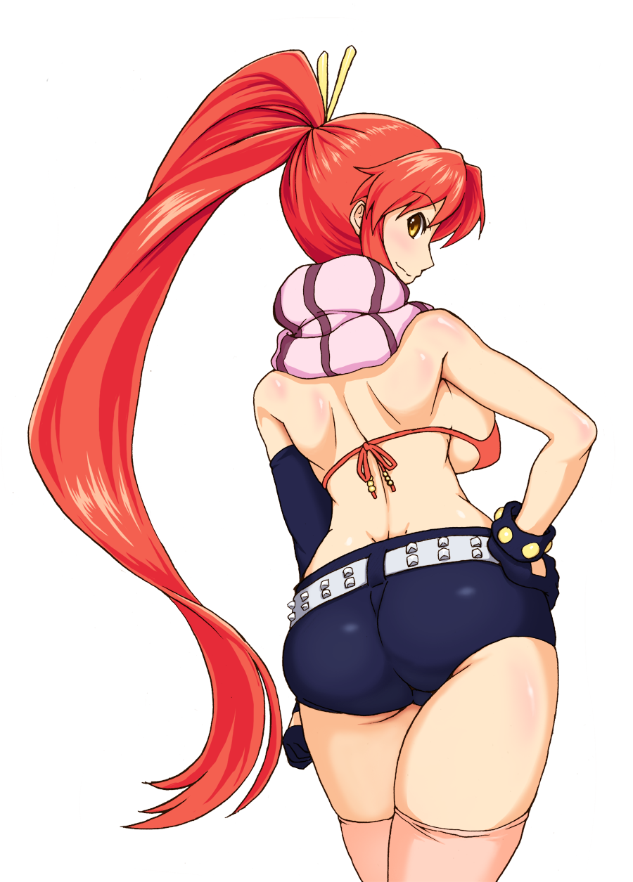 1girl ass back backboob belt bikini bikini_top black_gloves black_shorts blush breasts cowboy_shot eyebrows_visible_through_hair from_behind gloves hand_on_hip highres long_hair medium_breasts ogimaruku pink_legwear ponytail redhead scarf shorts shoulder_blades simple_background smile solo swimsuit tengen_toppa_gurren_lagann thigh-highs very_long_hair white_background yoko_littner