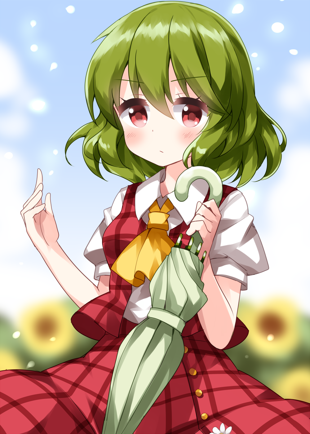 1girl ascot bangs blue_sky blurry blurry_background blush buttons commentary_request dress eyebrows_visible_through_hair flower green_hair green_umbrella hand_up highres holding holding_umbrella kazami_yuuka looking_at_viewer outdoors petals plaid plaid_dress pout red_dress red_eyes ruu_(tksymkw) shirt short_hair short_sleeves sky solo sunflower touhou umbrella undershirt upper_body wavy_hair white_shirt yellow_neckwear