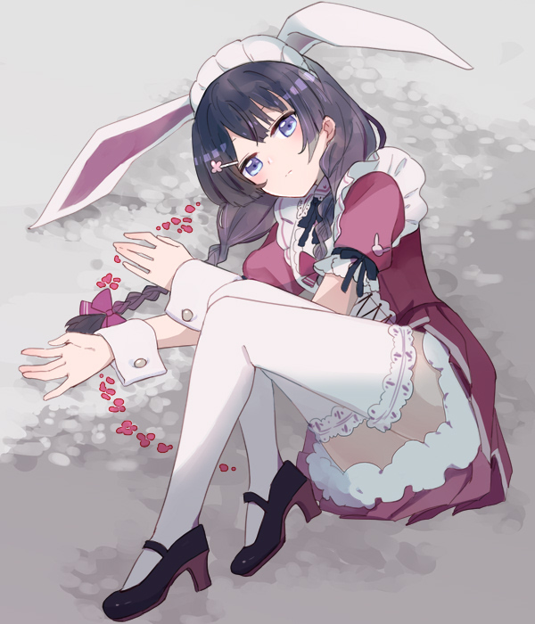 1girl :| animal_ears apron bangs black_footwear black_hair blue_eyes braid closed_mouth commentary_request dress expressionless fake_animal_ears flower full_body grey_background hair_flower hair_ornament high_heels long_hair looking_at_viewer lying maid maid_apron maid_headdress nijisanji on_ground on_side petticoat purple_dress rabbit_ears short_dress short_sleeves solo sou_(tuhut) thigh-highs tsukino_mito twin_braids upskirt white_legwear wrist_cuffs