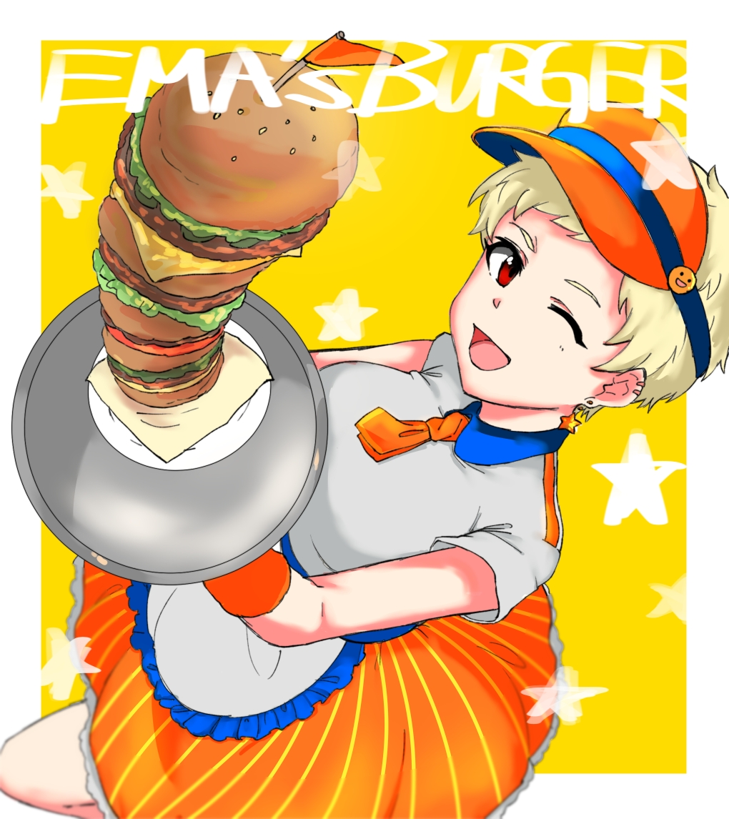 1girl apron blonde_hair blouse border burger commentary_request e-no-ki ear_piercing earrings english_text food from_above holding holding_tray idolmaster idolmaster_cinderella_girls jewelry looking_at_viewer necktie one_eye_closed open_mouth orange_neckwear orange_skirt piercing red_eyes senzaki_ema short_hair skirt solo star_(symbol) star_earrings striped striped_skirt tray very_short_hair visor_cap white_blouse white_border yellow_background