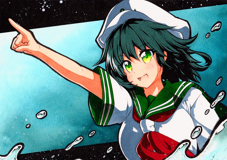 1girl :d bangs black_hair eyebrows_visible_through_hair green_hair green_sailor_collar hat murasa_minamitsu open_mouth pointing qqqrinkappp red_neckwear sailor sailor_collar sailor_hat short_hair short_sleeves smile solo touhou traditional_media upper_body water white_headwear