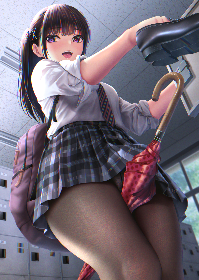 1girl :d backpack bag bangs between_thighs black_hair black_legwear black_skirt ceiling clothes_lift commentary_request eyebrows_visible_through_hair holding holding_shoes indoors kase_daiki legs_together locker long_hair looking_at_viewer necktie open_mouth original panties panties_under_pantyhose pantyhose pantyshot pink_panties plaid plaid_skirt pleated_skirt school_uniform shirt shoes sidelocks skirt skirt_lift smile solo standing striped striped_neckwear thighs umbrella underwear uniform upper_teeth violet_eyes white_shirt window