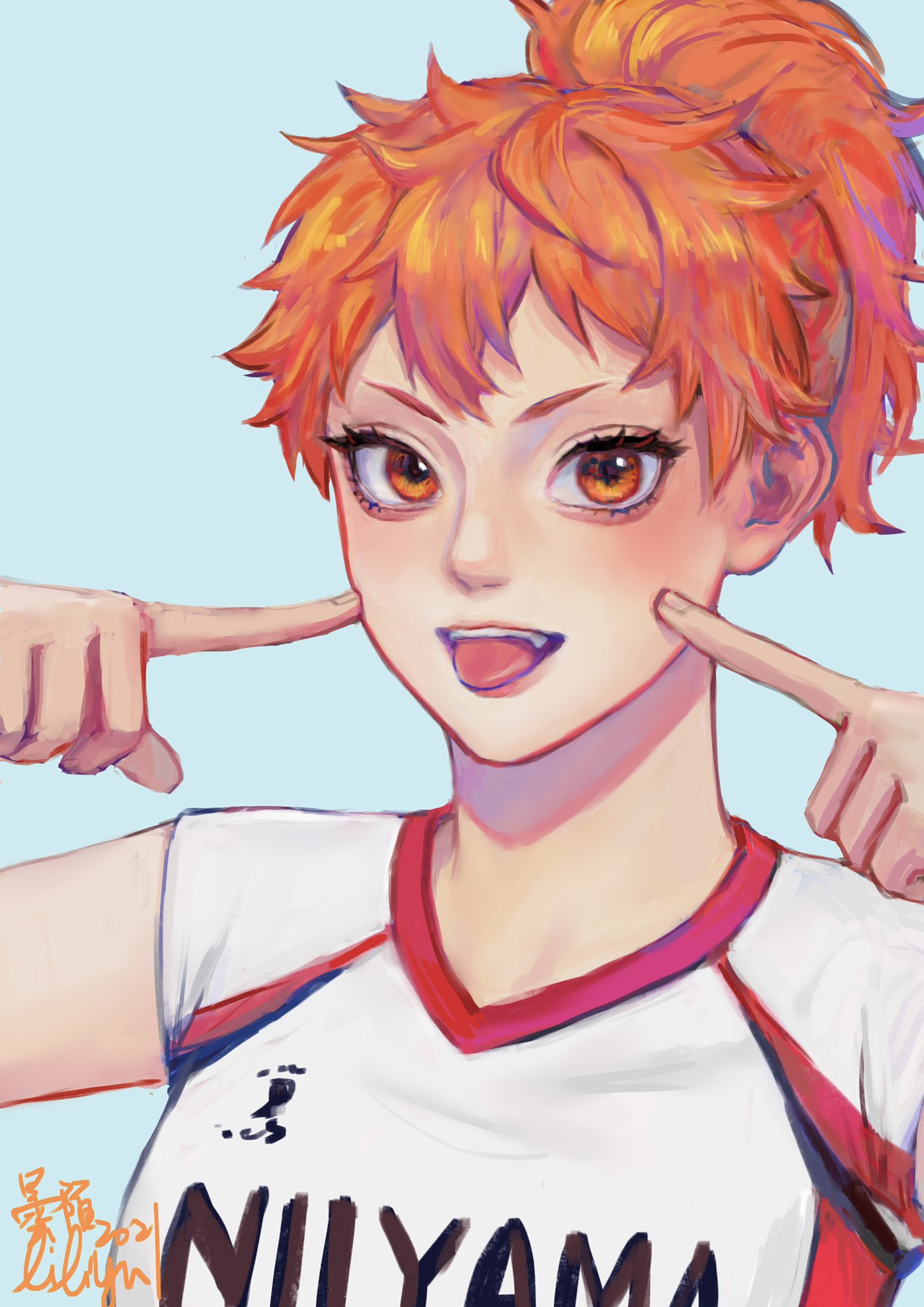 1girl :p blue_background eyebrows eyelashes fingernails fingers_to_cheeks haikyuu!! hands_up highres hinata_natsu litamo0413 looking_at_viewer medium_hair orange_eyes orange_hair ponytail portrait simple_background smile solo sportswear teeth tongue tongue_out volleyball_uniform