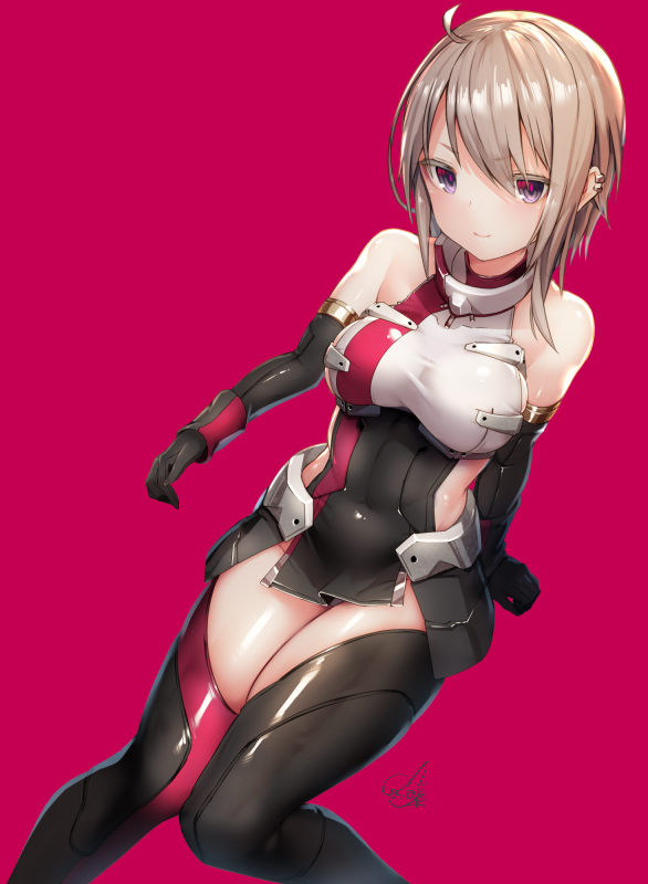 1girl ahoge alice_gear_aegis arm_support armor bangs bare_shoulders black_gloves black_legwear breasts brown_hair closed_mouth covered_collarbone covered_navel doyouwantto ear_piercing elbow_gloves eyebrows_visible_through_hair faulds from_above gloves hair_between_eyes knees_together_feet_apart looking_at_viewer medium_breasts medium_hair murao_mira piercing red_background red_legwear red_pupils shiny shiny_clothes shiny_hair shiny_skin sidelocks signature simple_background smile solo swept_bangs taut_clothes thigh-highs violet_eyes