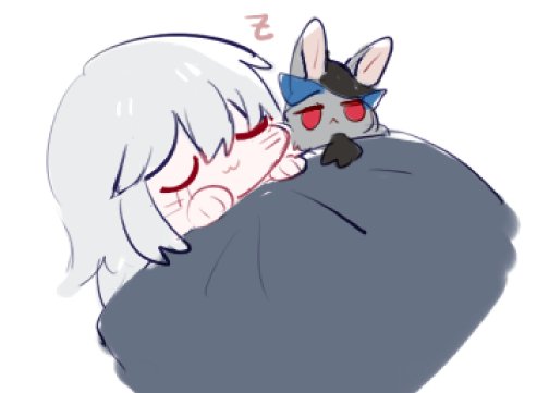 2girls :&lt; animalization arknights ascot bangs black_headwear black_neckwear blanket grey_fur hair_between_eyes jitome lowres multiple_girls rabbit red_eyes silver_hair skadi_(arknights) sleeping specter_(arknights) symbol_commentary uwu zhu_mianzi zzz