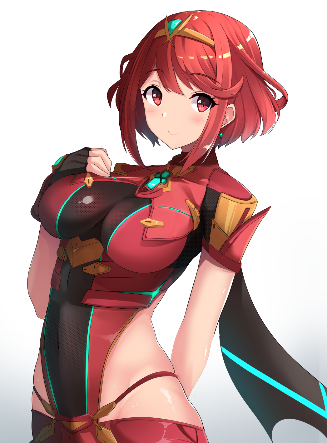 1girl bangs black_gloves breasts chest_jewel earrings fingerless_gloves gem gloves headpiece highres jewelry large_breasts pyra_(xenoblade) red_eyes red_legwear red_shorts redhead senra_banshou short_hair short_shorts shorts solo swept_bangs thigh-highs tiara xenoblade_chronicles_(series) xenoblade_chronicles_2