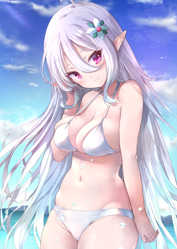 1girl alternate_hair_length alternate_hairstyle bikini blue_sky breasts closed_mouth clouds day hair_between_eyes inuno_pesu kokkoro_(princess_connect!) looking_at_viewer medium_breasts princess_connect! sky smile solo swimsuit wet white_bikini