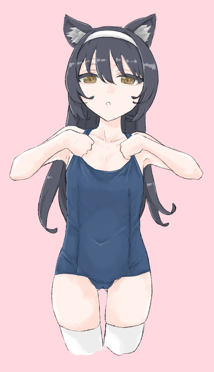 1girl adjusting_clothes adjusting_swimsuit animal_ears ass_visible_through_thighs bangs black_hair blue_swimsuit brown_eyes cat_ears commentary covered_navel cowboy_shot cropped_legs girls_und_panzer hairband half-closed_eyes highres long_hair looking_at_viewer old_school_swimsuit one-piece_swimsuit parted_lips pink_background reizei_mako school_swimsuit simple_background solo standing swimsuit tarou.new thigh-highs white_hairband white_legwear