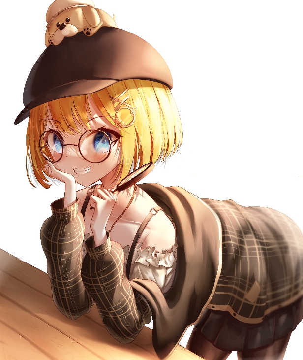 blonde_hair blue_eyes breasts bubba_(watson_amelia) detective glasses grin hair_ornament hat hololive hololive_english magnifying_glass monocle_hair_ornament short_hair smile teeth thighs tiokun7 virtual_youtuber watson_amelia