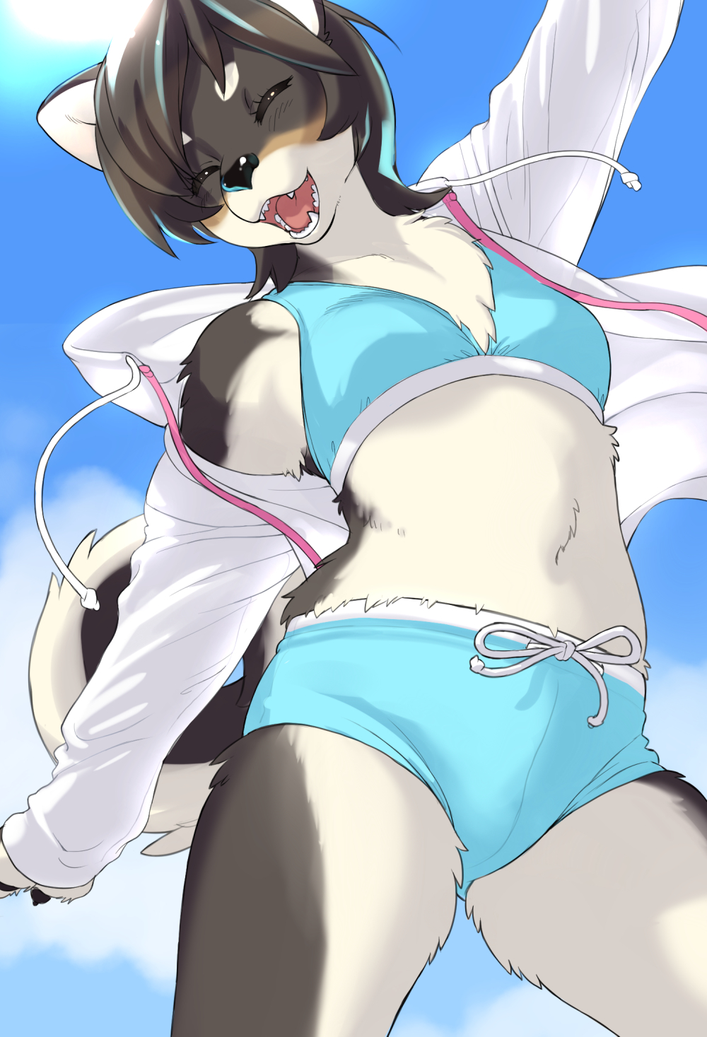 1girl :d ^_^ animal_ears animal_nose arm_up bikini blue_bikini blue_sky body_fur breasts brown_hair closed_eyes clouds commentary_request day dog_ears dog_girl dog_tail fangs furry highres jacket kikurage_(crayon_arts) open_clothes open_jacket open_mouth original short_hair sky small_breasts smile snout solo swimsuit tail teeth thighs white_jacket