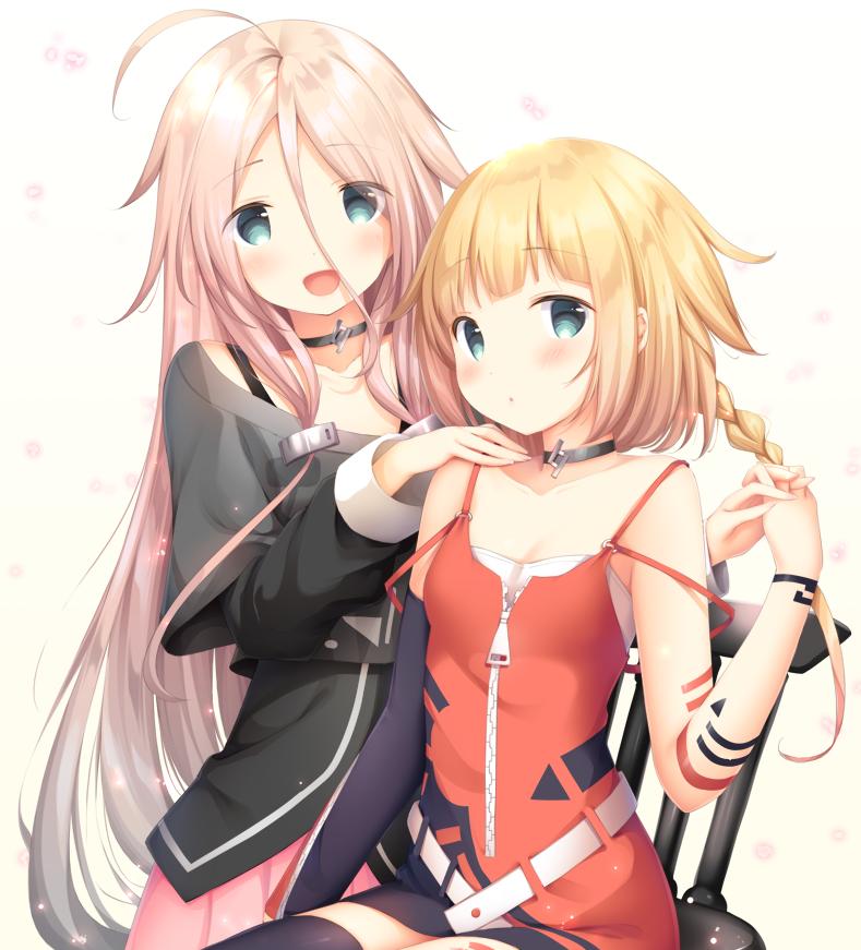 2girls :d ahoge bangs bare_shoulders black_jacket black_sleeves blonde_hair blue_eyes braid cevio collarbone detached_sleeves dress eyebrows_visible_through_hair grey_shirt hair_between_eyes ia_(vocaloid) jacket layered_sleeves light_brown_hair long_hair long_sleeves multiple_girls murano one_(cevio) open_mouth parted_bangs pink_skirt pleated_skirt red_dress shirt short_over_long_sleeves short_sleeves single_braid single_detached_sleeve skirt sleeveless sleeveless_dress smile very_long_hair vocaloid white_background