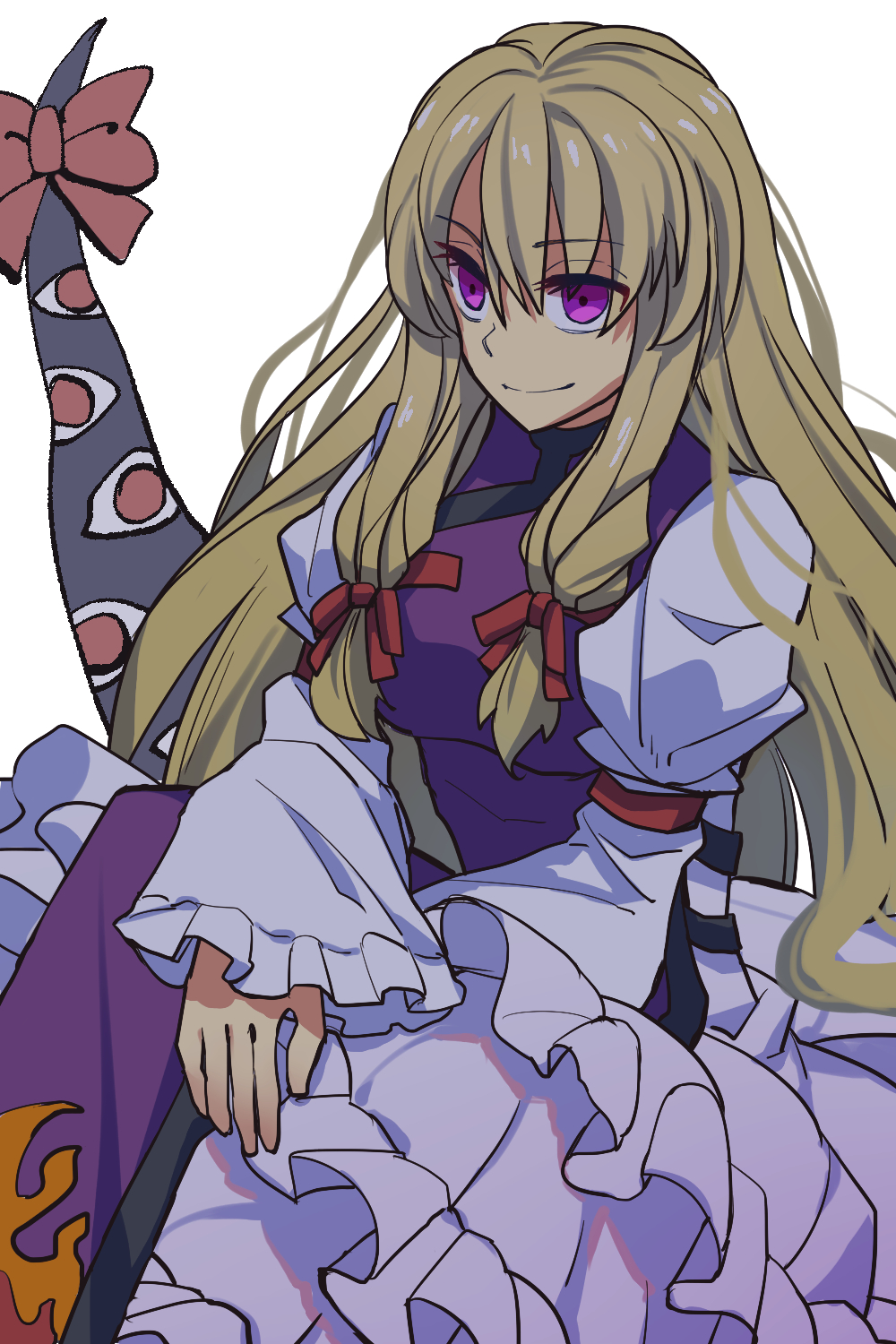 1girl bangs blonde_hair bow breasts closed_mouth dress eyebrows_visible_through_hair eyes_visible_through_hair gap_(touhou) hair_between_eyes hair_bow highres long_hair long_sleeves medium_breasts nayozane_(worker7) no_hat no_headwear pink_eyes purple_vest red_bow red_eyes shadow simple_background smile solo touhou vest violet_eyes white_background white_dress white_sleeves wide_sleeves yakumo_yukari