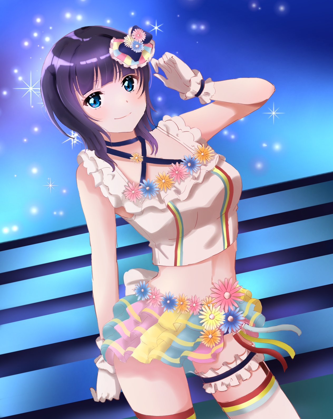 1girl asaka_karin bangs black_hair blue_eyes blue_hair blush bow breasts criss-cross_halter crop_top flower frilled_skirt frilled_straps frills garters gloves hair_bow hair_ornament halterneck highres large_breasts layered_skirt love_live! love_live!_nijigasaki_high_school_idol_club love_u_my_friends medium_hair midriff miniskirt overskirt rainbow_order rainbow_skirt skirt solo stage swept_bangs white_gloves wristband yui_l10