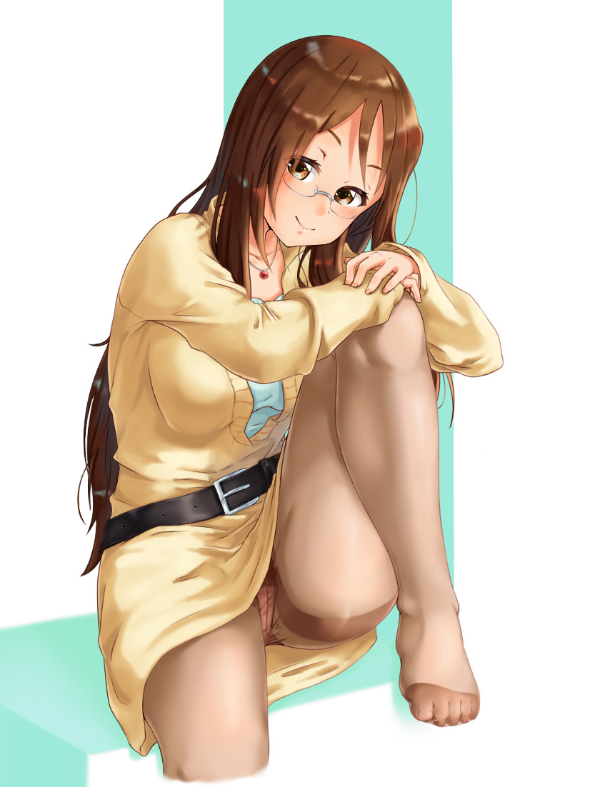 1girl belt black_legwear blush breasts brown_eyes brown_hair closed_mouth collarbone eyebrows_visible_through_hair feet glasses jewelry june_(ne_z_asa) k-on! long_hair looking_at_viewer medium_breasts necklace panties pantyhose pink_panties shiny shiny_hair smile solo underwear yamanaka_sawako