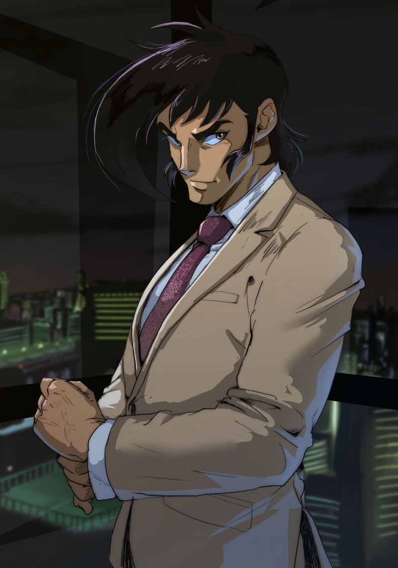 1boy bangs black_hair brown_eyes city collared_shirt formal getter_robo getter_robo_go hair_behind_ear jin_hayato looking_to_the_side male_focus necktie red_neckwear shirt smile solo suit upper_body vldhomecenter white_shirt