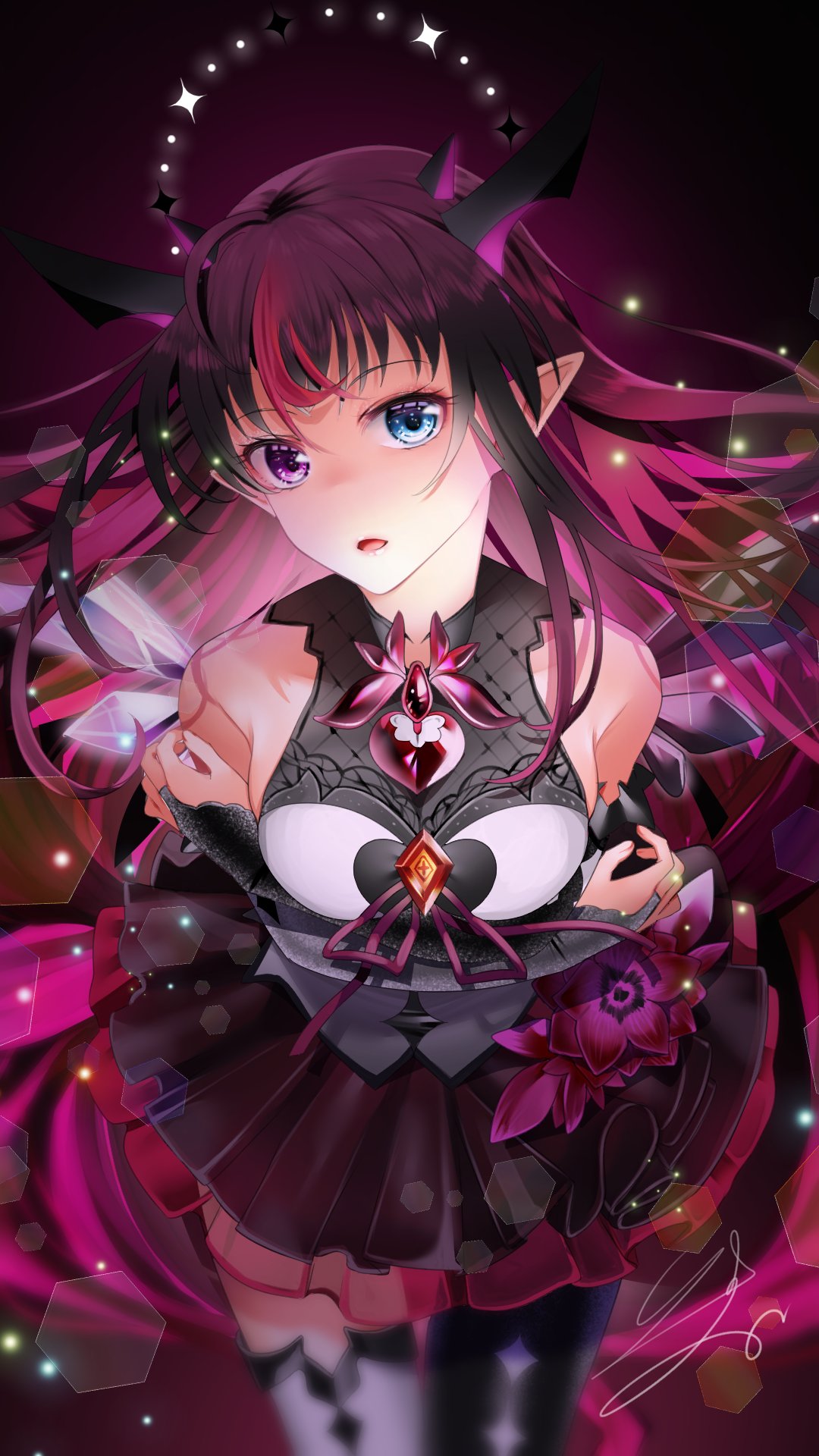 1girl bangs bare_shoulders black_dress black_legwear blue_eyes breasts commentary detached_sleeves dress eyebrows_visible_through_hair flower heterochromia highres hololive hololive_english horns irys_(hololive) isuka long_hair looking_at_viewer mismatched_legwear multicolored_hair pointy_ears purple_hair solo thigh-highs two-tone_dress two-tone_hair violet_eyes white_dress white_legwear