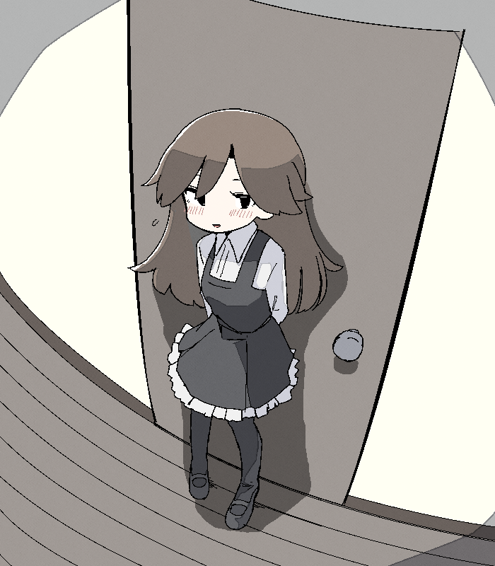 1girl against_door arashio_(kancolle) arms_behind_back black_eyes black_legwear blush brown_hair door dress full_body indoors jinzou_bob kantai_collection long_hair long_sleeves looking_at_viewer open_mouth remodel_(kantai_collection) shirt shoes smile solo standing white_shirt