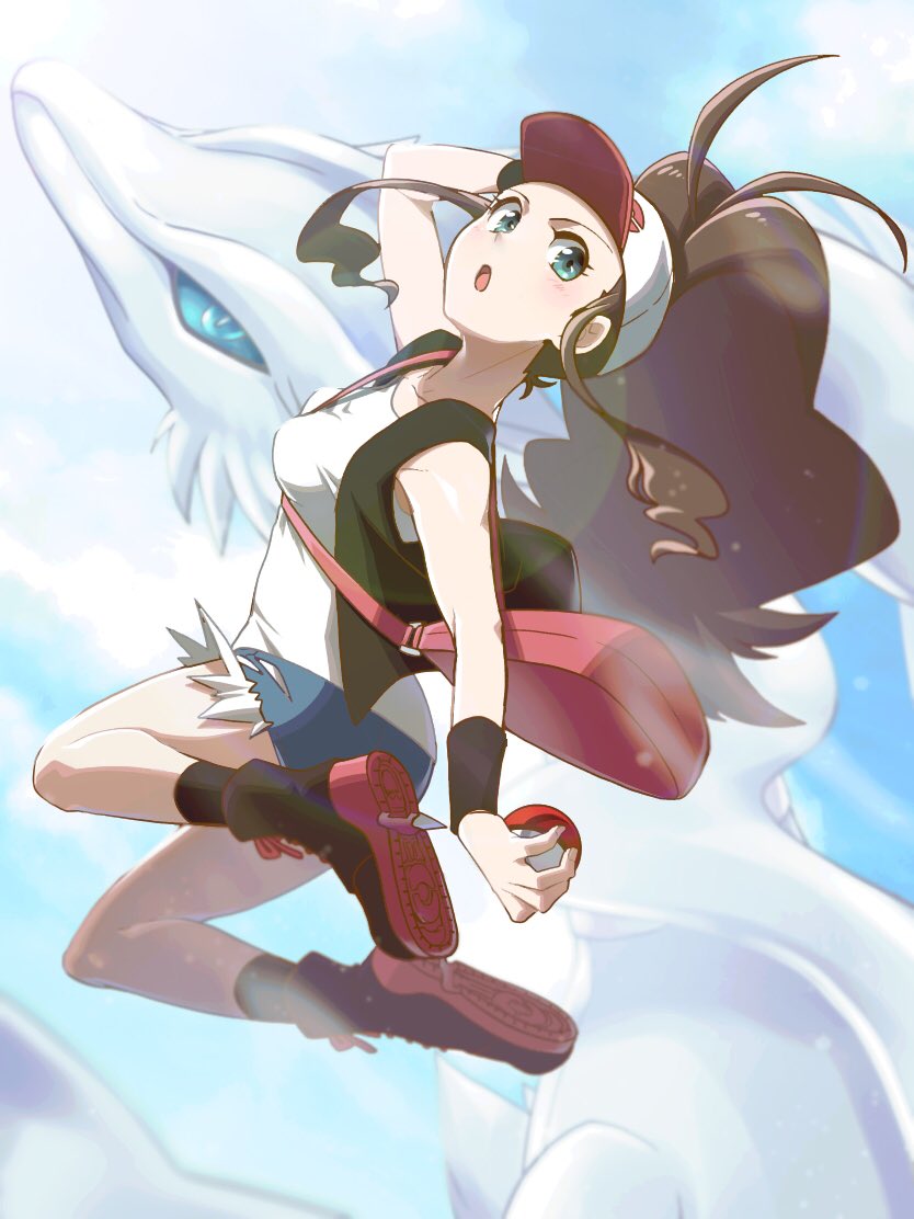 1girl antenna_hair bag baseball_cap between_breasts black_legwear black_vest blue_eyes boots breasts brown_hair commentary_request denim denim_shorts floating_hair gen_5_pokemon hat high_ponytail hilda_(pokemon) holding holding_poke_ball legendary_pokemon lens_flare long_hair looking_back nagi_(exsit00) open_mouth poke_ball poke_ball_(basic) pokemon pokemon_(creature) pokemon_(game) pokemon_bw reshiram shirt short_shorts shorts shoulder_bag sidelocks sleeveless sleeveless_shirt socks strap_between_breasts tank_top tongue vest white_shirt wristband