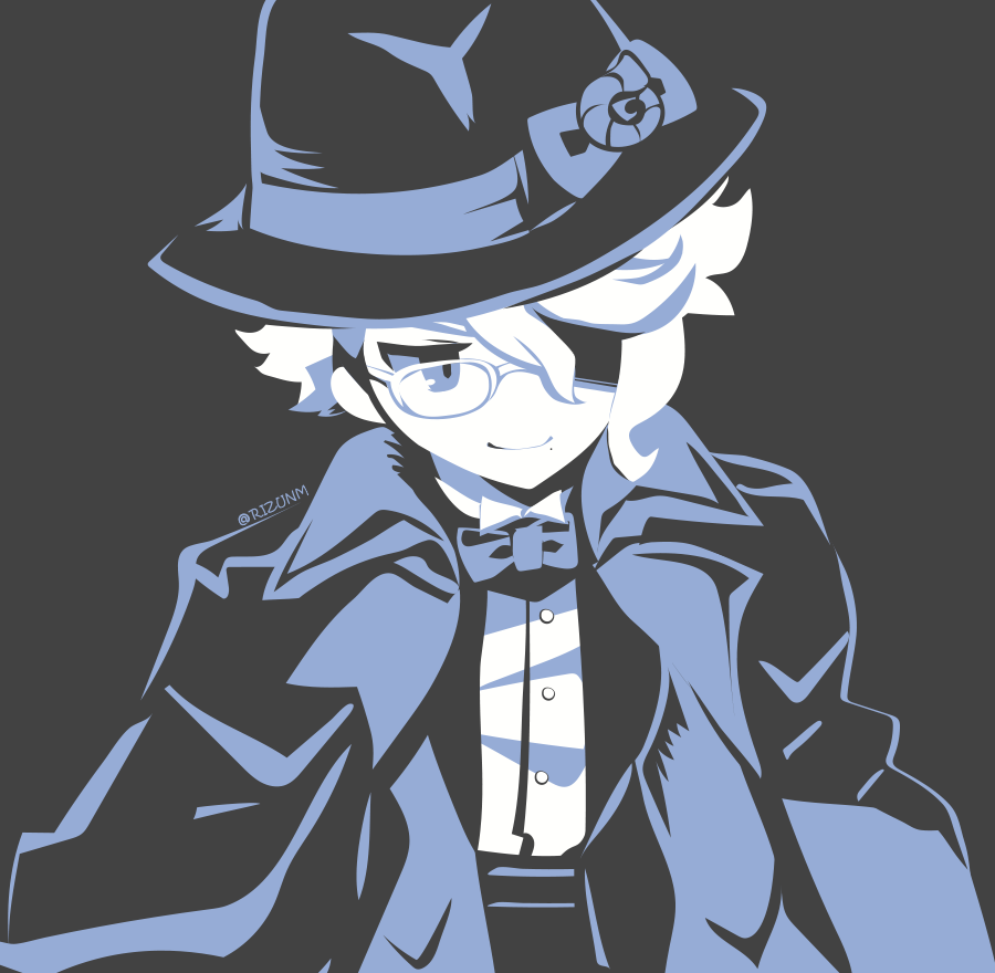 1boy azul_ashengrotto blue_eyes blue_headwear blue_jacket blue_neckwear bow bowtie buttons fedora glasses grey_background hat jacket looking_to_the_side male_focus monochrome rizu_(rizunm) shaded_face shirt short_hair simple_background smile smirk solo twisted_wonderland twitter_username upper_body wavy_hair white_hair white_shirt