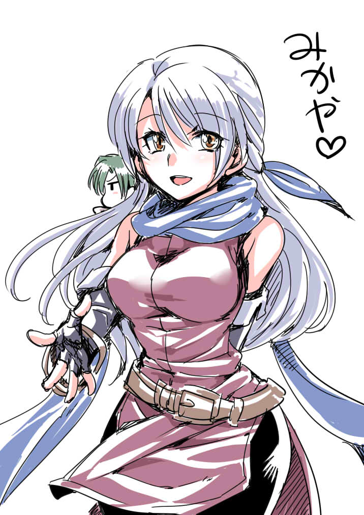 1boy 1girl bare_shoulders black_gloves black_legwear blue_scarf breasts dress elbow_gloves fingerless_gloves fire_emblem fire_emblem:_radiant_dawn gloves green_hair hair_ribbon long_hair looking_at_viewer micaiah_(fire_emblem) open_mouth pantyhose ribbon scarf silver_hair simple_background sleeveless sleeveless_dress smile solo_focus sothe_(fire_emblem) tukiwani white_background yellow_eyes