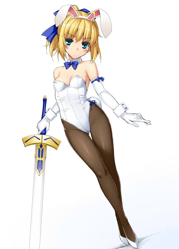 1girl animal_ears artoria_pendragon_(all) bare_shoulders blue_bow blue_neckwear bow bowtie breasts brown_legwear closed_mouth detached_collar elbow_gloves excalibur_(fate/stay_night) fake_animal_ears fate/stay_night fate_(series) gloves hair_bow hairband highleg highleg_leotard holding holding_sword holding_weapon leotard looking_at_viewer medium_hair namonashi pantyhose playboy_bunny ponytail rabbit_ears saber side-tie_leotard simple_background small_breasts solo strapless strapless_leotard sword weapon white_background white_gloves white_leotard wrist_cuffs