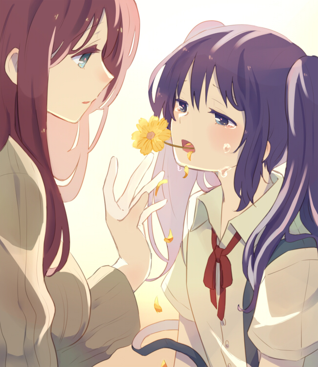2girls backlighting blue_eyes brown_sweater collared_shirt commentary_request crying crying_with_eyes_open falling_petals flower flower_in_mouth from_side hanahaki_disease long_hair long_sleeves looking_at_viewer multiple_girls neck_ribbon open_mouth original parted_lips petals profile purple_hair red_neckwear redhead ribbon shirt short_sleeves skirt sou_(tuhut) suspender_skirt suspenders sweater tears twintails upper_body white_shirt yellow_background yellow_flower yuri
