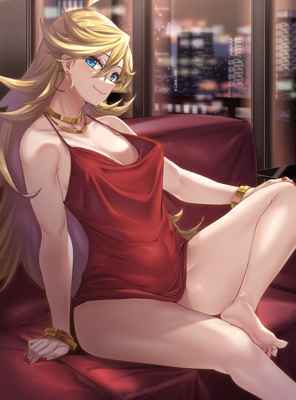 1girl bangle bare_legs bare_shoulders barefoot blonde_hair blue_eyes bracelet breasts camisole city cityscape earrings feet gold_bracelet gold_earrings hair_between_eyes hand_on_own_knee highres hoop_earrings jewelry lips long_hair looking_at_viewer medium_breasts moisture_(chichi) nail_polish necklace panty_&amp;_stocking_with_garterbelt panty_(psg) red_camisole red_nails sitting smile soles solo thighs