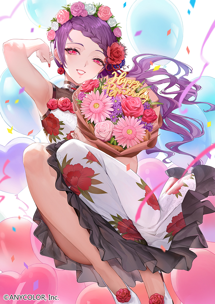 1girl alternate_costume arm_up balloon bangs bare_legs blurry blush bouquet braid breasts commentary confetti depth_of_field dress earrings ekao eyelashes floral_print flower flower_earrings flower_knot frilled_dress frills full_body gundou_mirei hair_flower hair_ornament happy_birthday head_wreath heart_balloon holding holding_bouquet jewelry legs_together lips lipstick long_hair looking_at_viewer makeup medium_breasts nail_polish nijisanji official_art parted_bangs parted_lips pink_eyes print_dress purple_hair red_lips red_nails ribbon shoes simple_background smile solo thighs virtual_youtuber watermark wavy_hair white_background white_dress white_footwear
