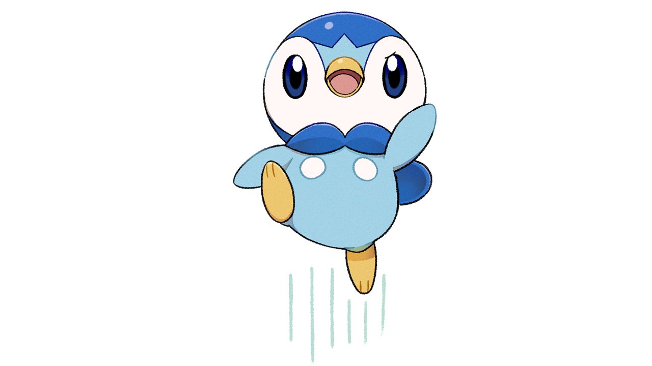 arm_up blue_eyes commentary_request creature full_body gen_4_pokemon motion_lines no_humans official_art open_mouth piplup pokemon pokemon_(creature) prj_pochama simple_background solo starter_pokemon toes tongue white_background