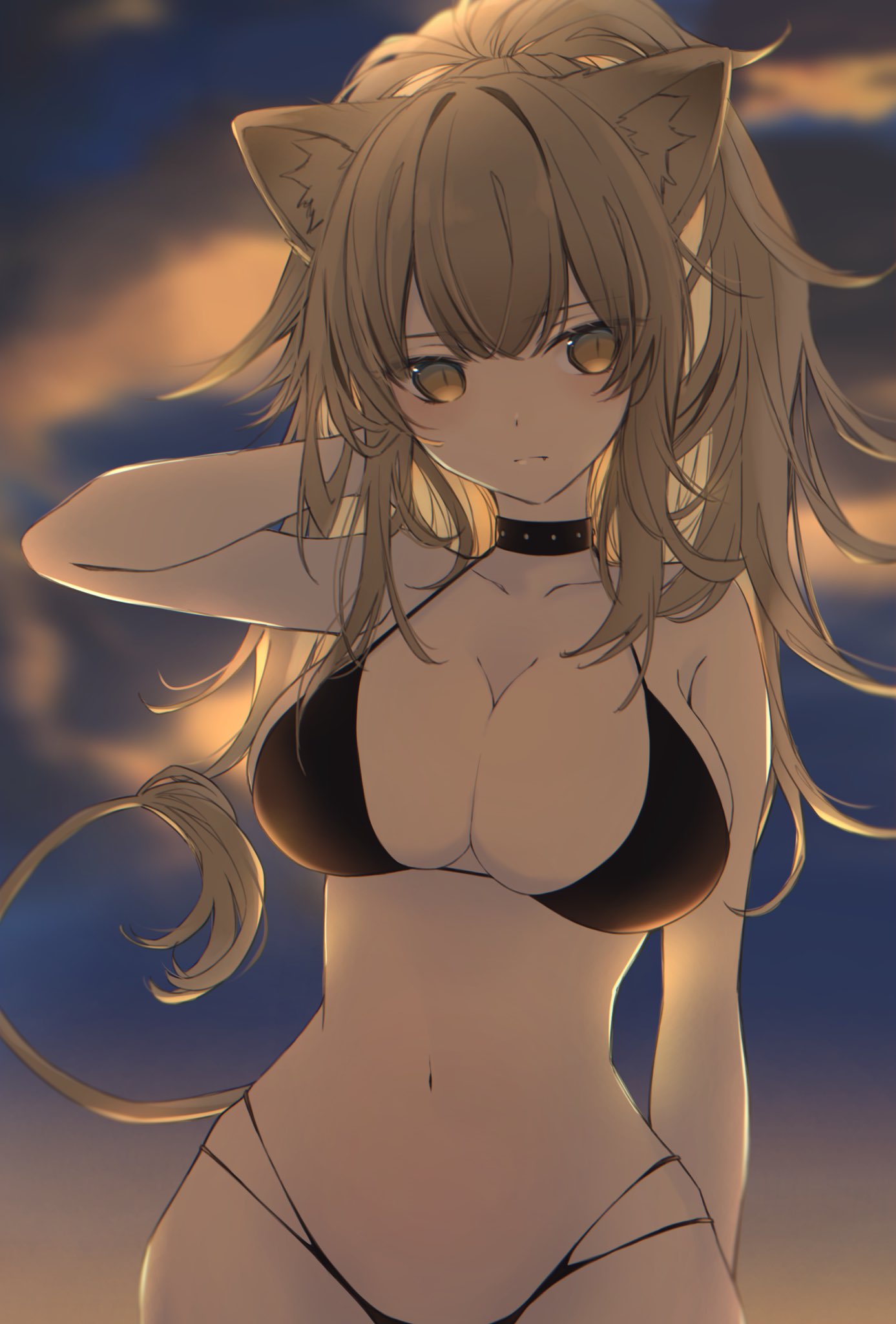 1girl animal_ears arknights arm_behind_head bangs bare_shoulders bikini black_bikini black_choker blonde_hair breasts brown_eyes choker clouds dusk eyebrows_visible_through_hair hair_between_eyes highres hq_(8quuu_) large_breasts lion_ears lion_tail long_hair looking_at_viewer mixed-language_commentary navel outdoors siege_(arknights) sky solo stomach swimsuit tail thighs upper_body