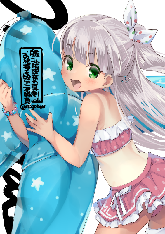 1girl anchor_hair_ornament ass back bangs bare_arms bare_shoulders bikini blunt_bangs blush bracelet eyebrows_visible_through_hair frills green_eyes hair_ornament hair_ribbon jewelry kantai_collection long_hair looking_at_viewer maestrale_(kancolle) nigo one_side_up open_mouth pink_bikini polka_dot polka_dot_bikini polka_dot_ribbon ribbon silver_hair smile solo swimsuit tan tanlines white_background white_ribbon