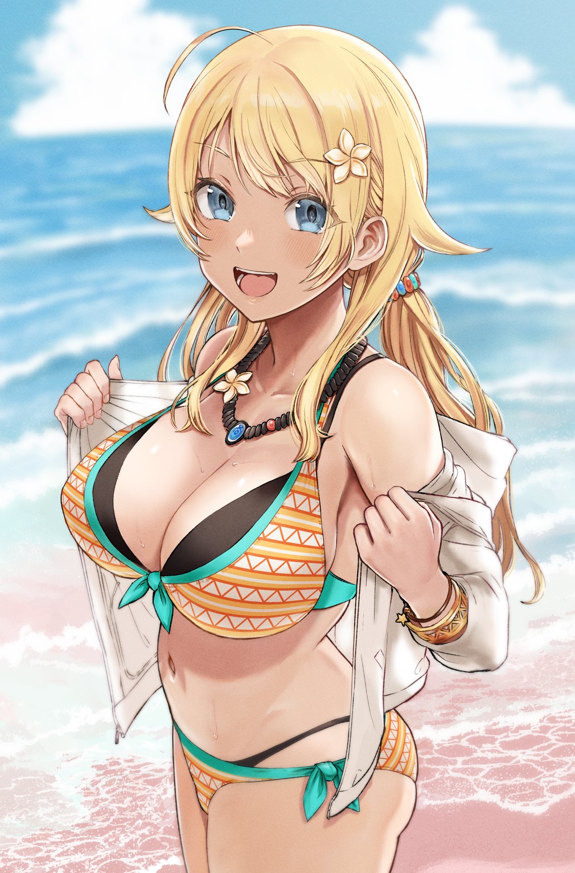 1girl :d ahoge beach bikini blue_eyes blue_sky bracelet breasts collarbone eyebrows_visible_through_hair flower hachimiya_meguru hair_flower hair_ornament highres idolmaster idolmaster_shiny_colors jewelry large_breasts long_hair looking_at_viewer low_twintails multicolored multicolored_bikini multicolored_clothes navel necklace ocean open_mouth sand side-tie_bikini sky smile solo standing sukeroku_(treeee) swimsuit thighs twintails wet