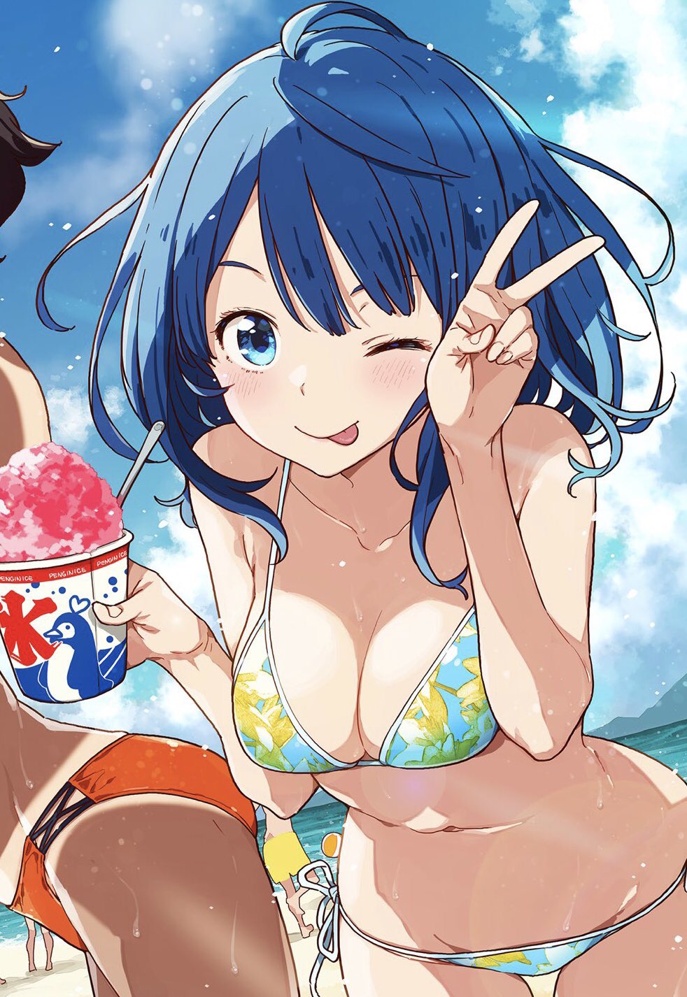 2girls ;p bare_shoulders beach bikini blue_bikini blue_hair blue_sky breasts cowboy_shot highres imigimuru leaning_forward long_hair looking_at_viewer medium_breasts multiple_girls navel ocean one_eye_closed orange_bikini sky smile stomach swimsuit tan tanlines tongue tongue_out v wet