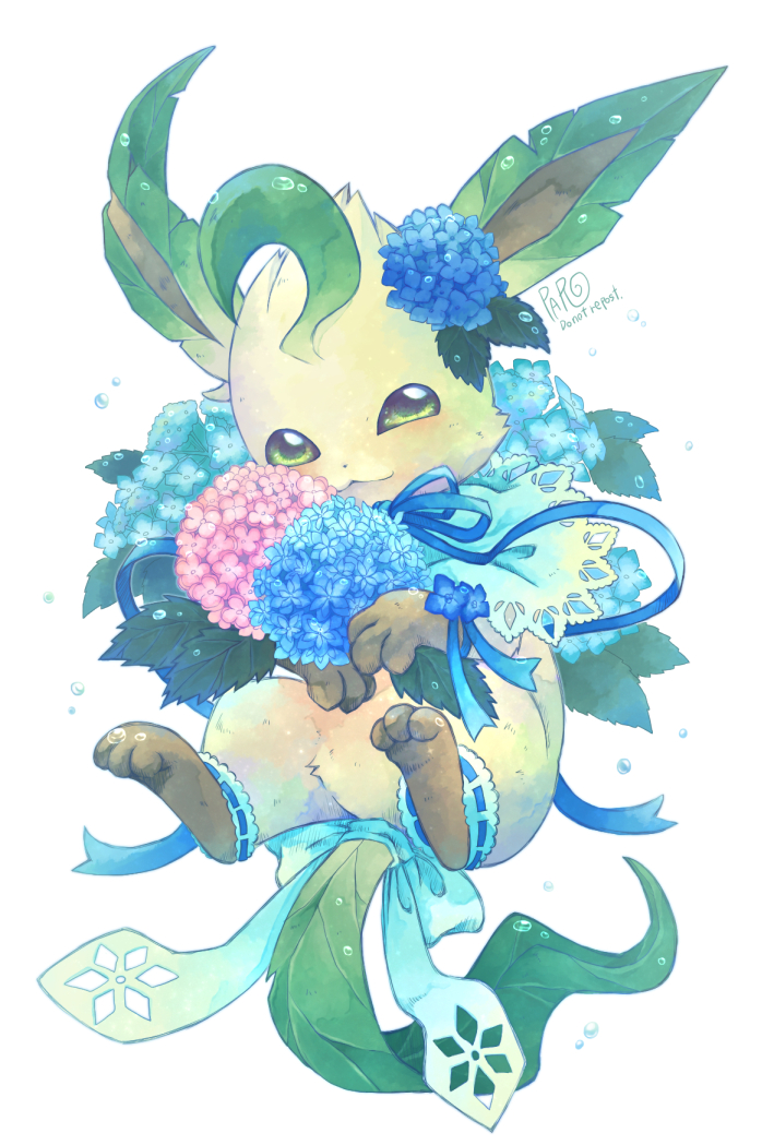 :3 blue_ribbon closed_mouth commentary_request flower green_eyes hydrangea leafeon looking_at_viewer no_humans paro_(sorageshiki) pokemon pokemon_(creature) ribbon smile solo white_background