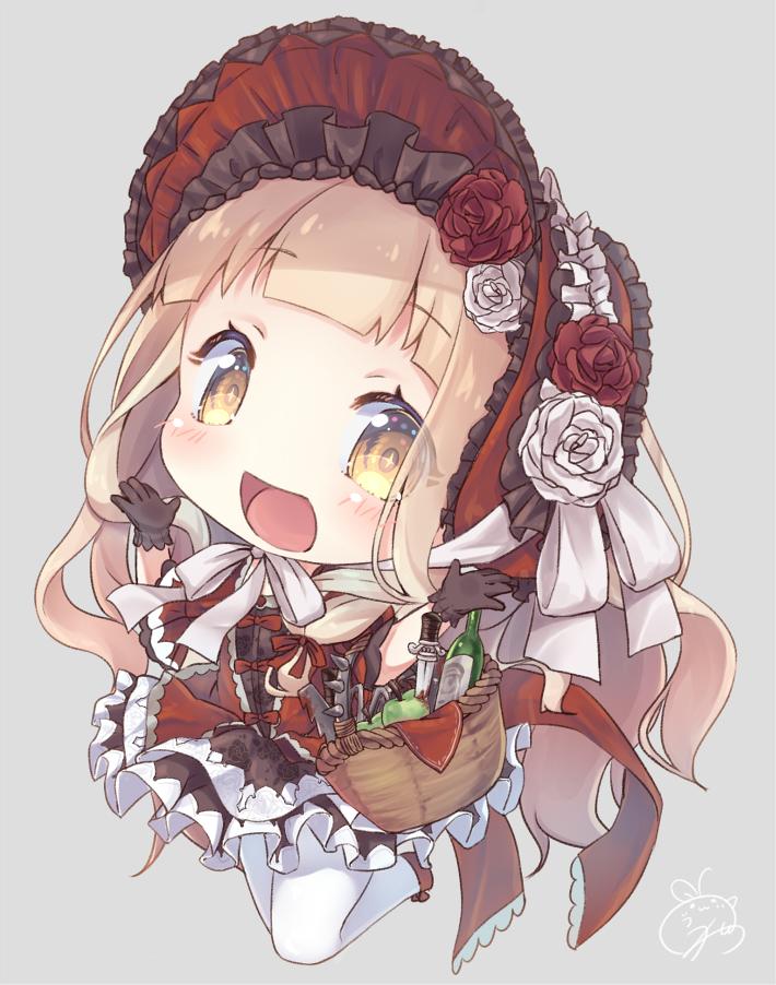 1girl :d apple bangs basket blonde_hair bottle chibi dress flower food fruit full_body grey_background knife long_hair open_mouth red_dress red_flower red_headwear red_riding_hood_(sinoalice) red_rose rose short_sleeves signature simple_background sinoalice smile solo thigh-highs white_flower white_legwear white_rose wine_bottle yellow_eyes yuko_(kwong159)