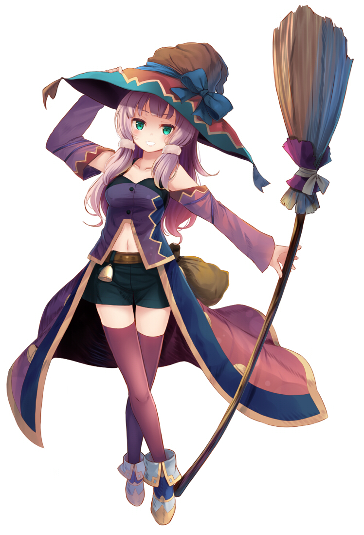 1girl belt blue_footwear blush broom clothing_cutout detached_sleeves green_eyes hat holding holding_broom komone_ushio long_hair long_sleeves navel navel_cutout original pink_hair red_legwear sack shoes short_shorts shorts smile solo stomach thigh-highs white_background witch_hat