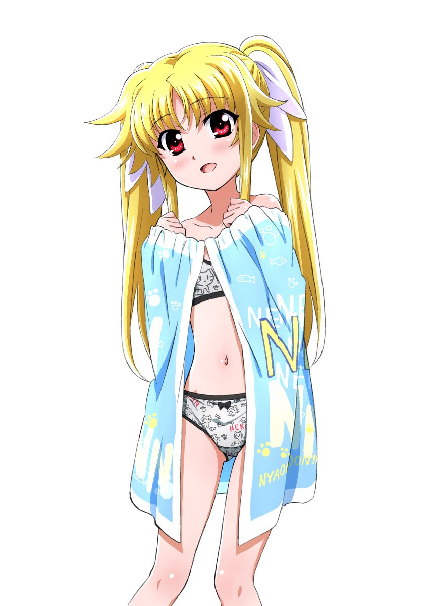 1girl animal_print bangs blonde_hair bow bow_panties bra cat_print commentary_request crotch_seam eyebrows_visible_through_hair fate_testarossa grey_bra grey_panties hair_ribbon highres long_hair looking_at_viewer lyrical_nanoha mahou_shoujo_lyrical_nanoha miyajima_hitoshi navel open_mouth panties paw_print print_bra print_panties red_eyes ribbon romaji_text simple_background smile solo standing towel training_bra twintails underwear white_background white_ribbon