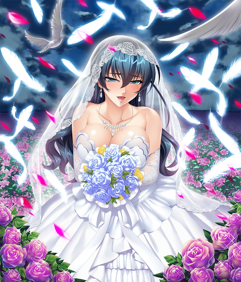 1girl bangs bare_shoulders bird blue_hair blush bouquet breasts bridal_veil collarbone commentary_request dove dress earrings elbow_gloves eyebrows_visible_through_hair feathered_wings feathers field flower flower_field gloves green_eyes highres holding igawa_asagi jewelry kagami_hirotaka large_breasts lipstick long_hair makeup necklace official_art open_mouth petals rose rose_petals simple_background smile solo strapless strapless_dress taimanin_(series) taimanin_asagi veil wedding_dress white_background white_dress wings