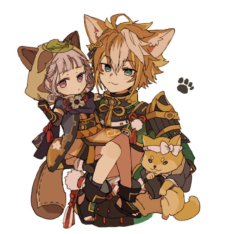 1boy 1girl :3 ahoge animal_ears animal_hood armor bangs black_footwear blue_eyes carrying dog fox_ears genshin_impact gorou_(genshin_impact) hair_between_eyes hood hood_up iwashi_(iwashi008) japanese_clothes leaf leaf_on_head light_brown_hair multicolored_hair paw_print pom_pom_(clothes) purple_hair sayu_(genshin_impact) shiba_inu short_hair simple_background streaked_hair toeless_footwear violet_eyes white_background white_hair