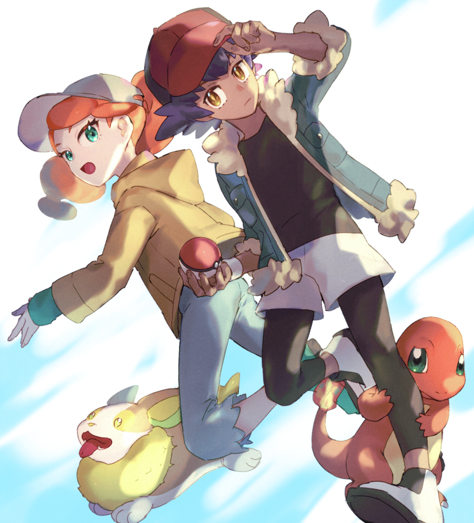 1boy 1girl bangs baseball_cap capri_pants charmander closed_mouth commentary_request dark-skinned_male dark_skin gen_1_pokemon gen_8_pokemon green_eyes green_footwear green_shirt hand_on_headwear hat hood hooded_jacket jacket leg_cling leggings leon_(pokemon) long_hair open_clothes open_jacket open_mouth orange_hair pants pokemon pokemon_(creature) pokemon_(game) pokemon_swsh purple_hair red_headwear shirt shoes shorts sleeves_past_elbows sonia_(pokemon) starter_pokemon suruga_dbh tongue wristband yamper yellow_eyes younger